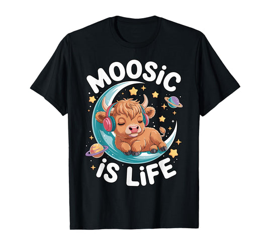 Funny Moosic is Life Cute High Land Cow On Moon Women, Girls T-Shirt