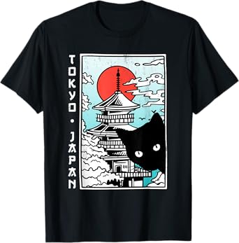 Tokyo Japan Shirt Cute Kawaii Japanese Temple Black Cat T-Shirt