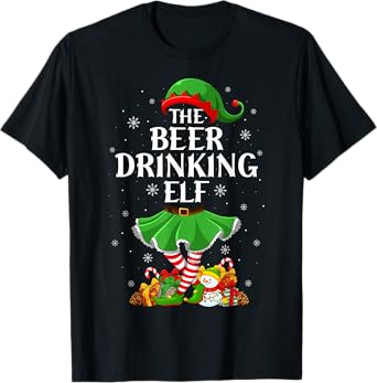 Beer Drinking Elf Christmas Family Elf Squad Xmas Girl Women T-Shirt