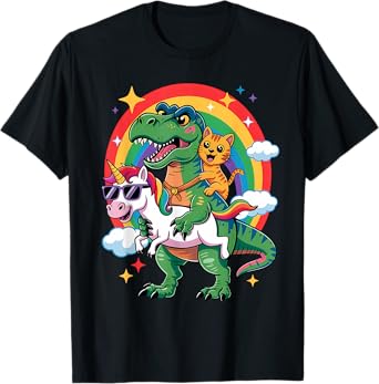 Cute Animal Unicorn Cat Riding Dinosaur Rainbow Space Galaxy T-Shirt
