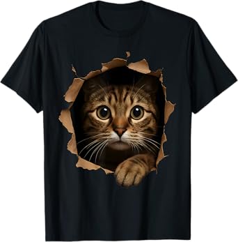 Cute kitten looks from torn fabric Funny Cat Lovers Men Women Kids T-Shirt