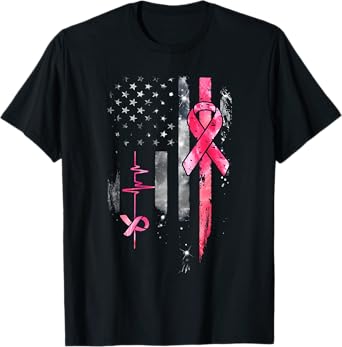 American Flag Pink Ribbon Breast Cancer Awareness Support T-Shirt