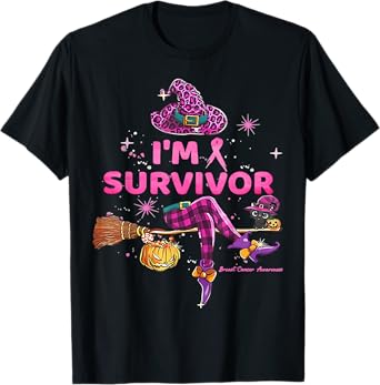Retro Witch I'm A Survivor Halloween Breast Cancer Outfit T-Shirt