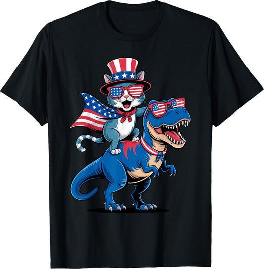 Cat Riding Dinosaur Independence Day Happy Fourth Of July T-shirt