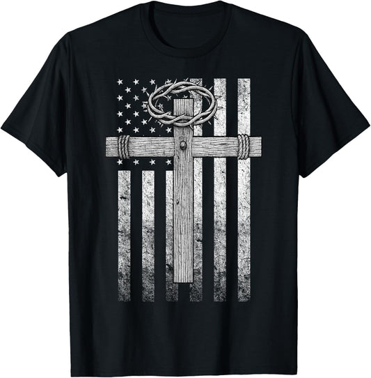 American Flag Christian Cross and Crown T-Shirt