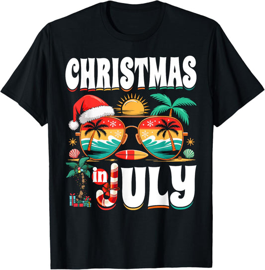 Christmas In July Beach Sunglasses Santa Palm Trees Sun T-shirt