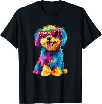 Rainbow Cute Dog Wearing Glasses Heart Puppy Love Dog Funny T-Shirt for Men Women Kids