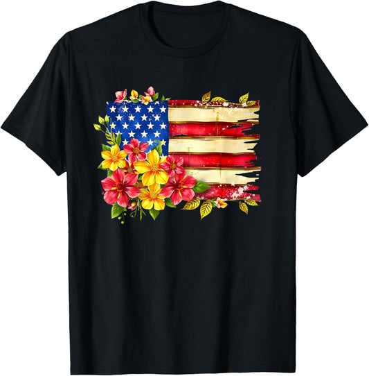 Retro Daisy Flower American Flag Patriotic Women 4th Of July T-shirt