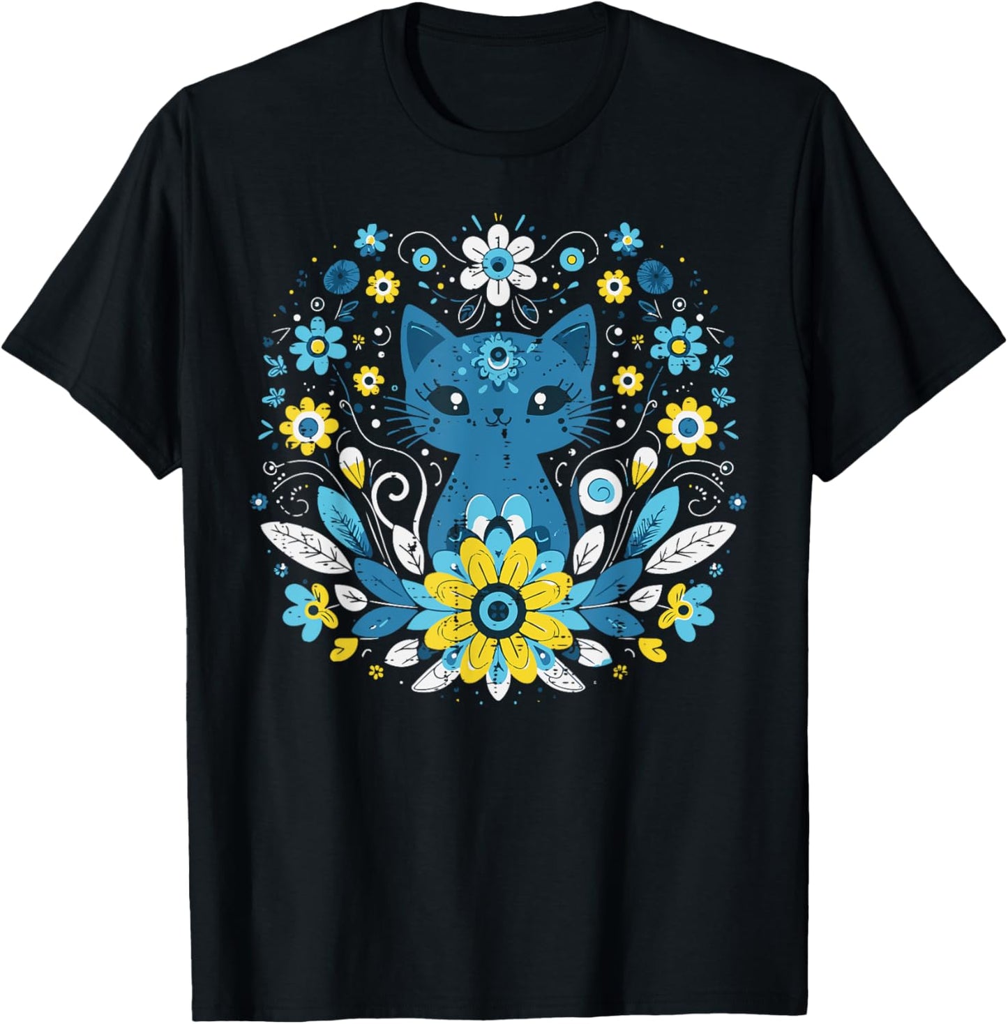 Ukraine Blue Yellow Cat Flowers Ukrainian Girls Kids Women T-Shirt
