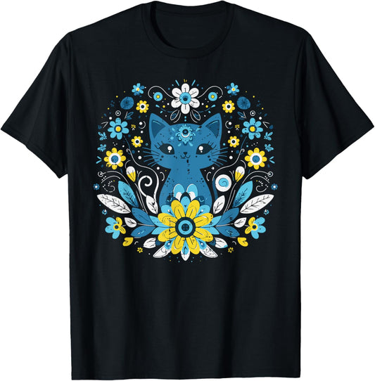 Ukraine Blue Yellow Cat Flowers Ukrainian Girls Kids Women T-Shirt