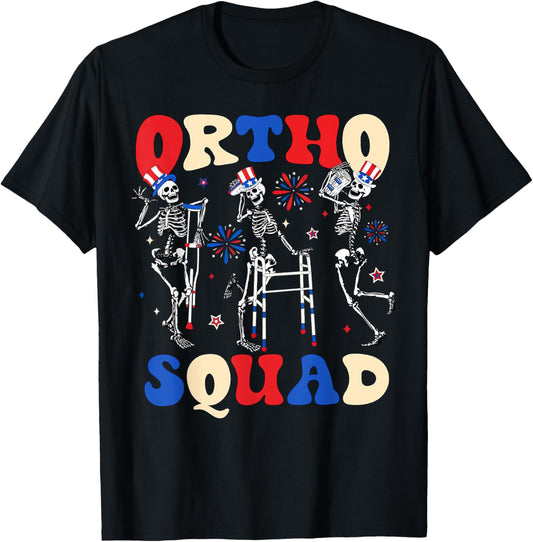 Retro Ortho Squad Dancing Skeleton Orthopedic 4th Of July T-Shirt