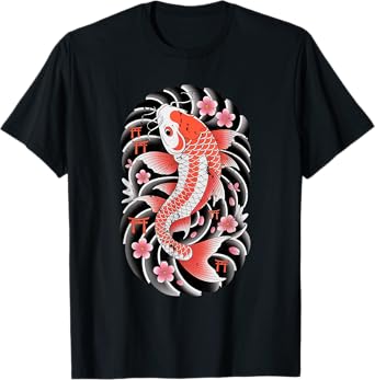 Koi Fish Yin Yang with Cherry Blossom and Water Waves Art T-Shirt