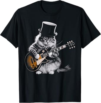 Cat Playing Guitar Funny Rock Roll Music Top Hat Design T-Shirt