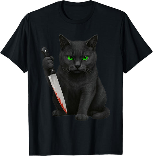Halloween scary black cats funny kitty with bloody knife cat T-Shirt