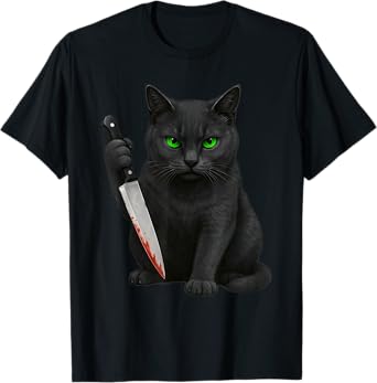 Halloween scary black cats funny kitty with bloody knife cat Men Women T-Shirt
