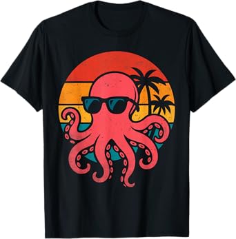Cool Octopus With Sunglasses Retro Tropical Beach T-Shirt