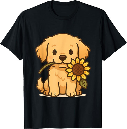 Golden Retriever Puppy Holding Sunflower Cute Dog T-Shirt T-Shirt