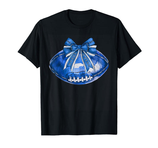 Cool Blue American Football Wearing Coquette Bow Game Day T-Shirt