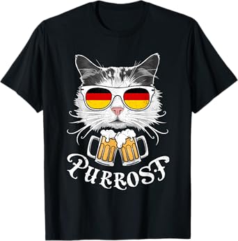 Funny Oktoberfest Cat Kitty Bavarian Drinking Beer Purrost T-Shirt