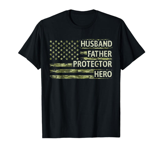 Mens Husband Father Protector Hero Camo American Flag Fathers Day T-Shirt