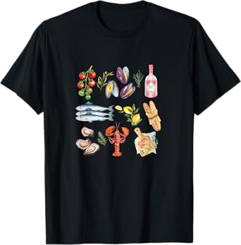 Italian Summer Scrapbook with seafood coastal Mediterranean Men Women Kids T-Shirt
