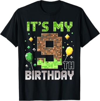 Kids 9th Birthday Gamer Pixel 9 Years Old Video Game Party T-Shirt