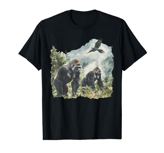 Vintage Silverback Gorilla and African Grey Parrot Wildlife T-Shirt