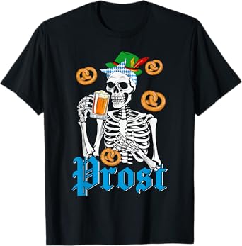 Prost Oktoberfest Messy Bun Women Skeleton Bavarian Flag T-Shirt