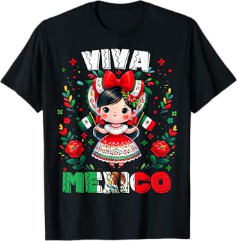 Viva Mexico Mexican Girl Flag Independence Day Girls Kids T-Shirt
