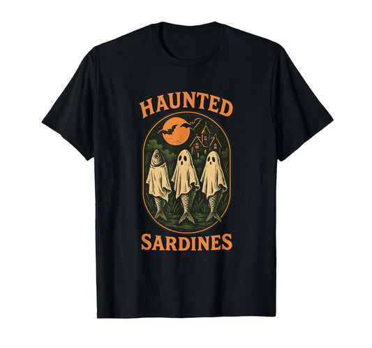 Haunted Sardines Halloween Fish Skeleton Ghost Retro Fishing T-Shirt