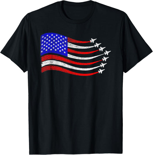 American Patriotic Fighter Jets USA Flag Waving 4th of July T-Shirt