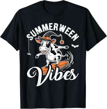 Summerween Vibes Funny Cow Surfing Summer Halloween Vacation T-Shirt