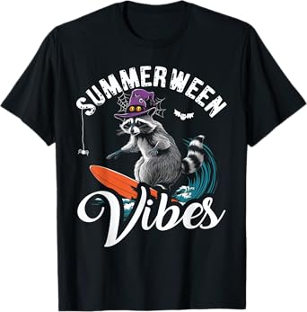 Summerween Vibes Raccoon Surfing Summer Halloween Vacation T-Shirt