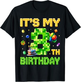 Funny Birthday Boy Kid It's My 8th Birthday Video Game Pixel T-Shirt
