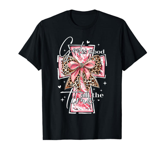 God Is Good All The Time Christian Cross Coquette Bow Groovy T-Shirt