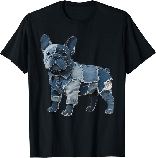 Bulldog Pattern Patchwork Art French Bulldog In Denim Dog T-Shirt
