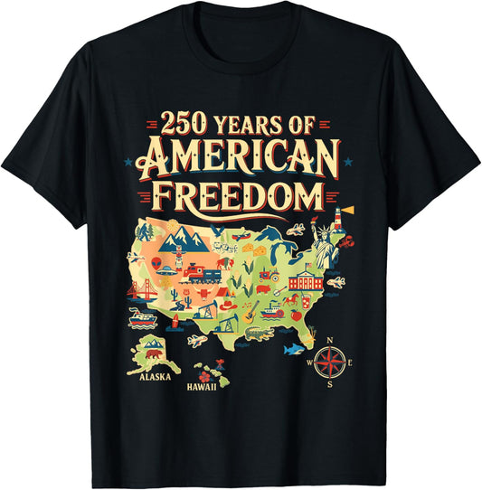 250 Years United States Map Patriotic Art for Freedom Lovers T-Shirt