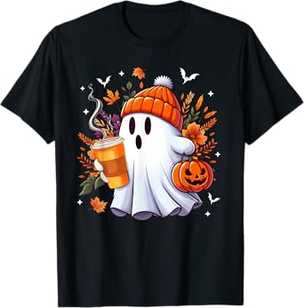 Halloween Ghost Drinking Ice Coffee Lover Ghost Girl Women T-Shirt