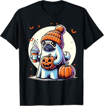 Ghost Pug Pumpkin Drinks Beanie Fall Halloween T-Shirt