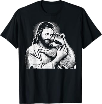 Christian Jesus Hugging Raccoon Animal Lover Men Women Kids T-Shirt