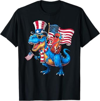 Funny Hotdog Riding Dinosaur TRex 4th Of July USA Flag Men Women Kids T-Shirt