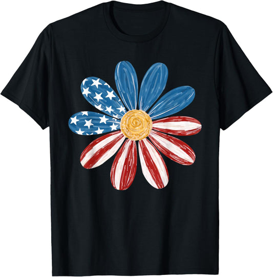 Floral American Flag Daisy 4th July Women Girls Patriotic T-shirt