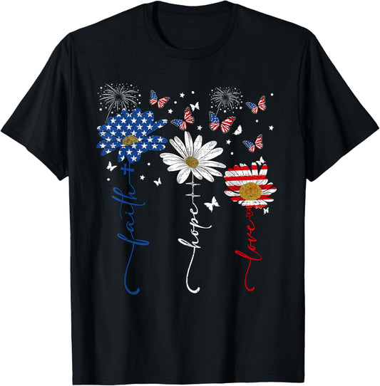 Butterfly Daisy Faith Hope Love 4th Of July Christians God T-shirt