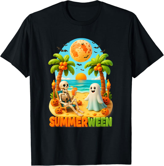 Summer-ween Skeleton Ghost Beach Palm Halloween Summer T-Shirt