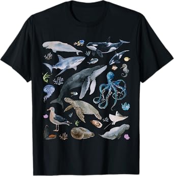 Vintage Ocean Animal Wildlife Shark Turtle Octopus Fish T-Shirt