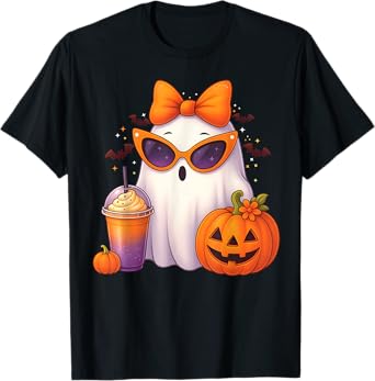 Spooky Cute Ghost Drinking Pumpkin Iced Coffee Halloween Bow T-Shirt