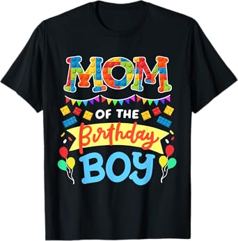 Mom of the Birthday Boy Building Blocks Bricks Family Women T-Shirt