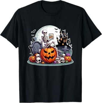 Skeleton Drinking Bourbon On Carved Pumpkins Halloween T-Shirt