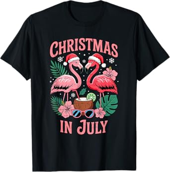 Flamingo Christmas In July Summer Xmas Beach Vacation Womens T-Shirt