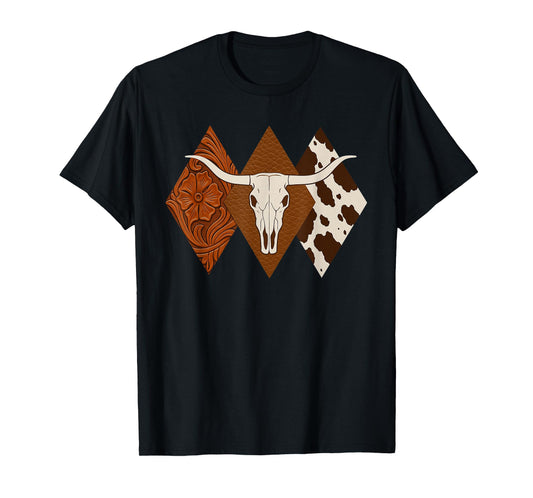 Boho Cow Skull Western Country Longhorn Cowboy Cattle Skull T-Shirt